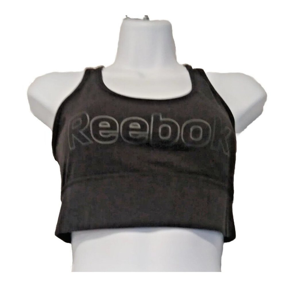 Reebok Logo Racerback Shirt Womans XS Black Cropped Shirt Not Padded‎